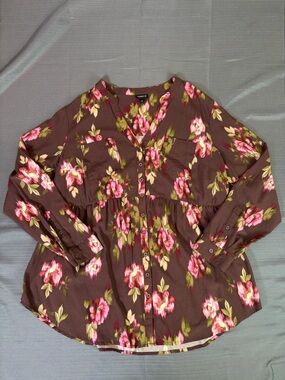 Torrid Floral Blouse Size 0 Brown Pink Flowy Babydoll Button Front Top